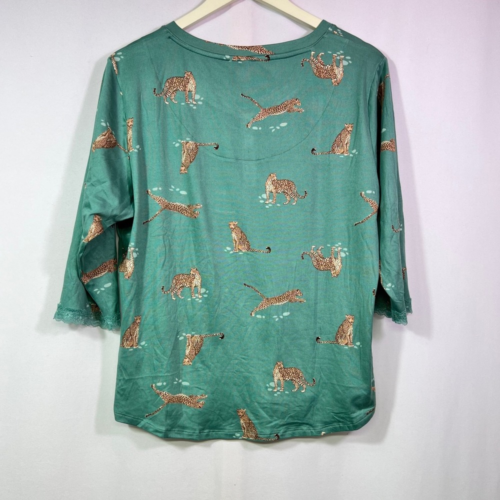 Flora Nikrooz Teal Leopard Print Henley Pajama Set Lace Trim 2 Piece Loungewear - Picture 3 of 12